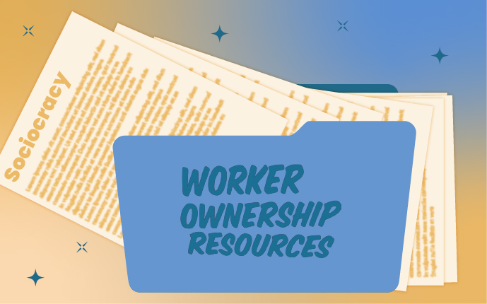 Illustration of a folder with papers meant to represent sheets of paper containing worker ownership resources
