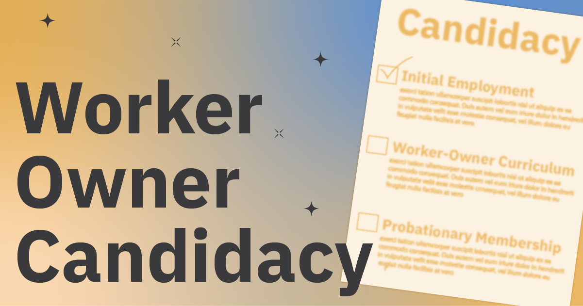 Graphic with the title of "Worker Owner Curriculum" and a page of workbook