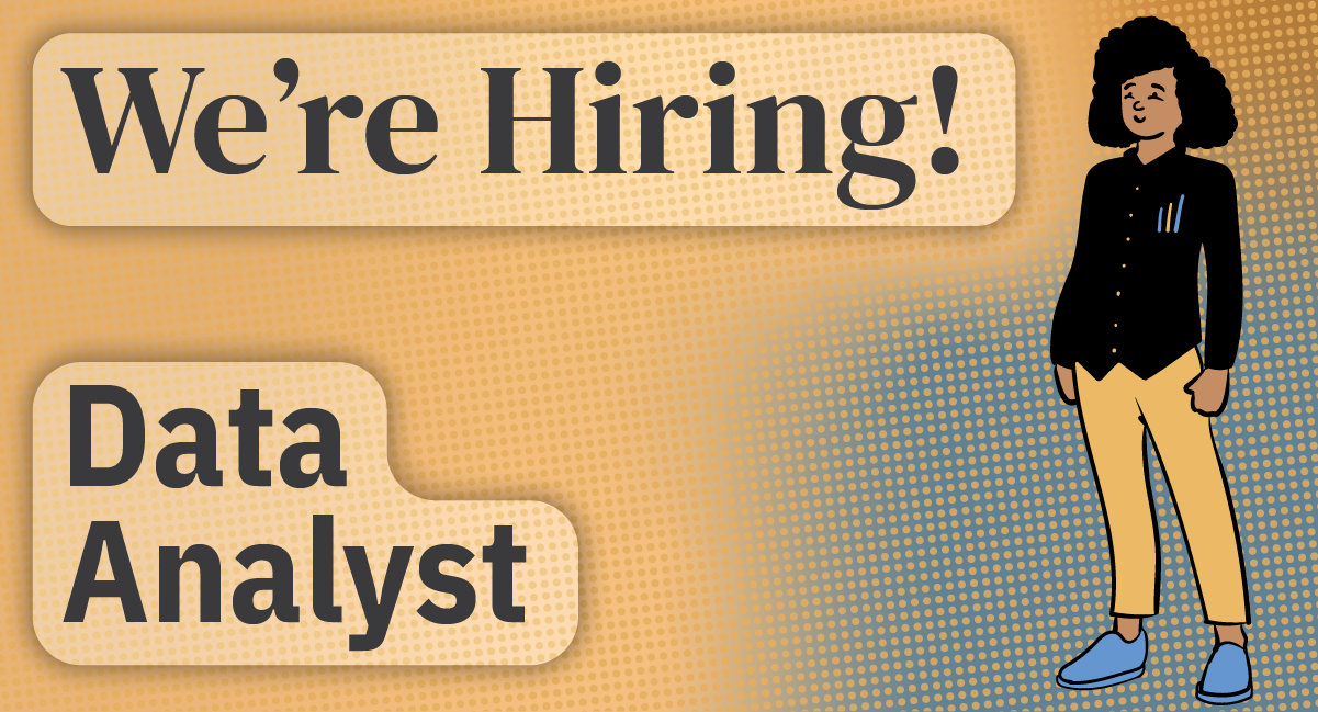Text "Now Hiring! Data Analyst" with a Lego minifig holding a lego piece with a bar chart on it next to a computer keyboard